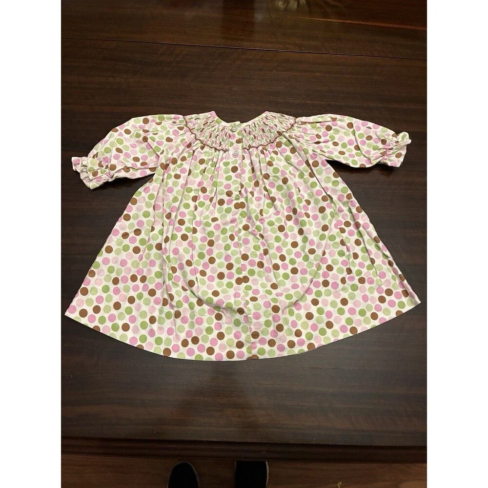 Amanda Remembered W/Smocked Purses. Dotted Pink, Green And Brown Dress. 18 Month
